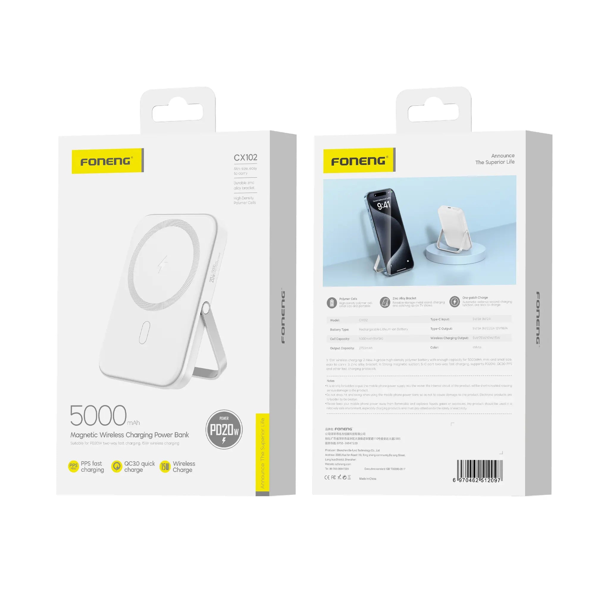 Power Bank Magnético Inalámbrico Foneng CX102 5000mAh 15W White