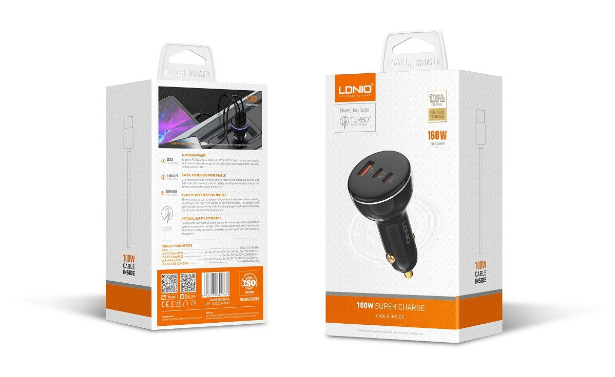 Cargador Carro 160W LDNIO C102 2×USB-C PD + USB-A QC