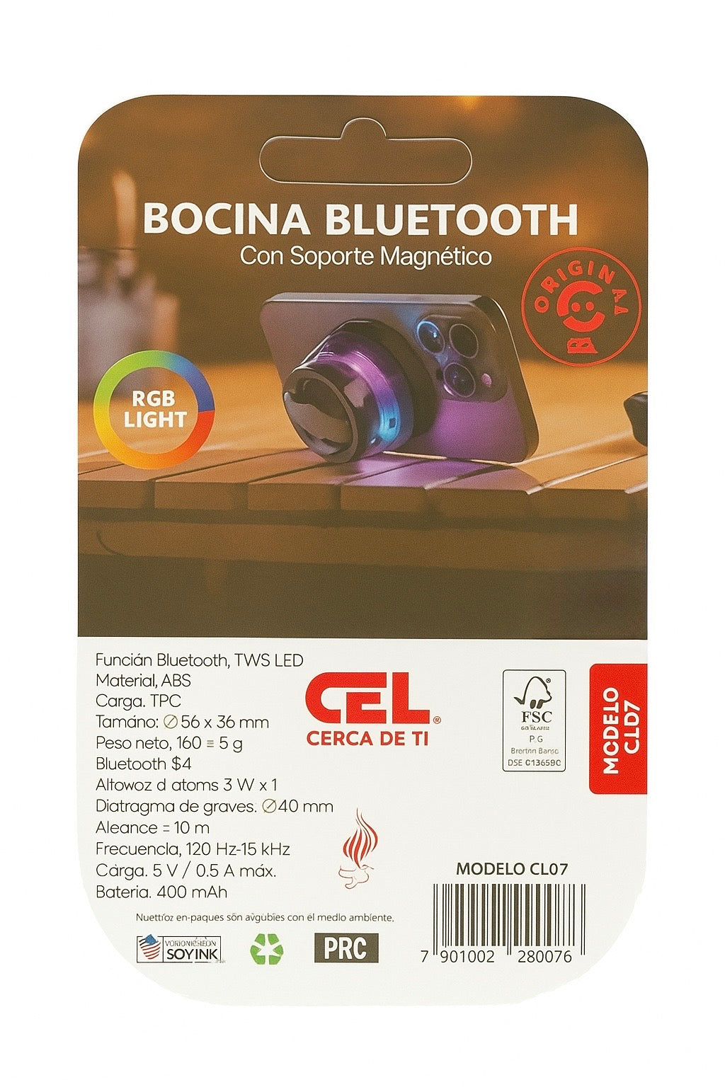 Bocina Bluetooth CEL CL-07 con Soporte Magnético y Luz RGB