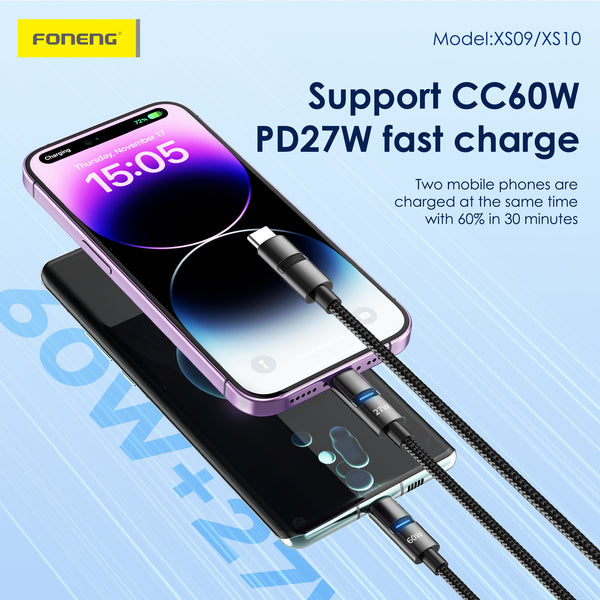 Cable Foneng XS10 60W Trenzado 3 en 1 Tipo-C y Lightning