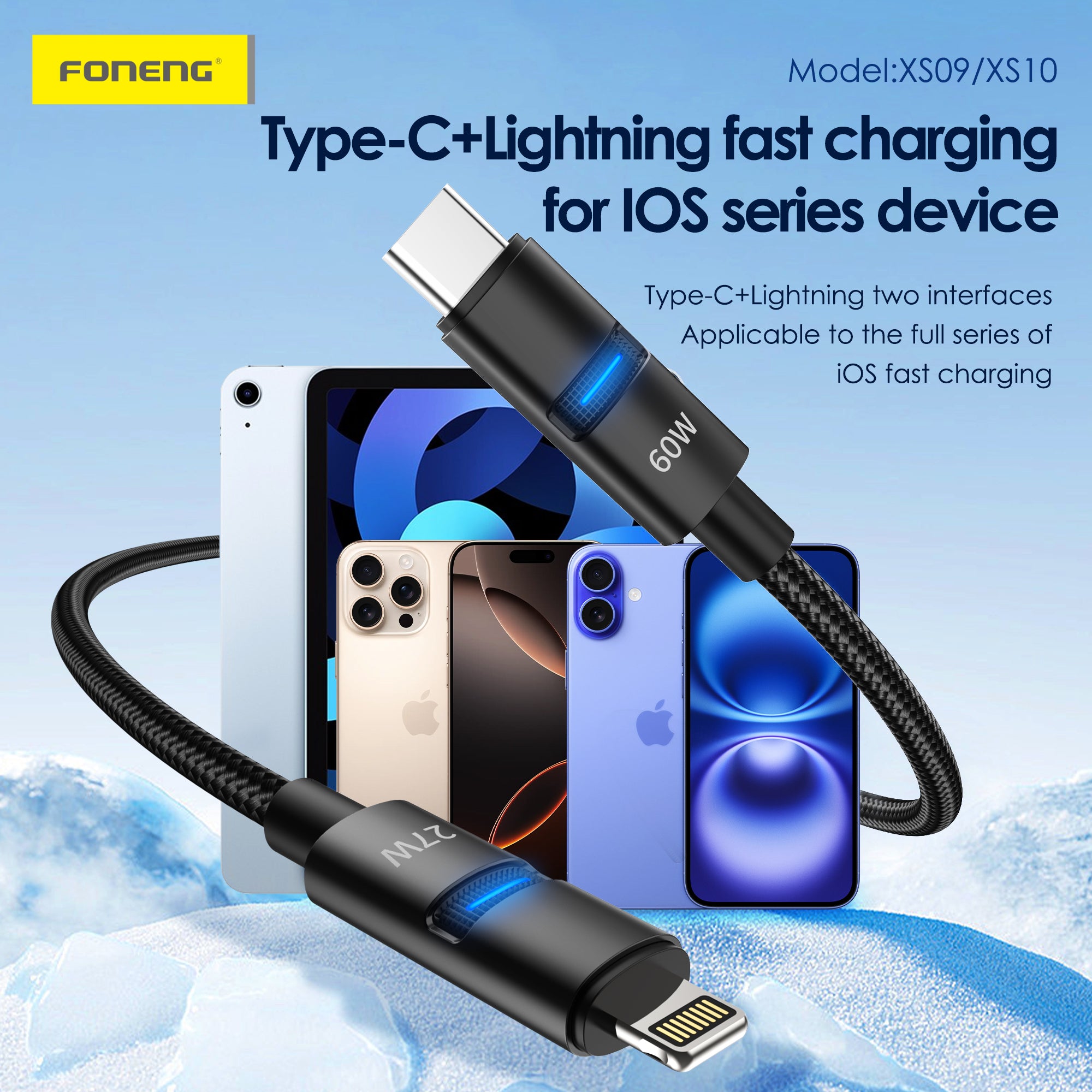 Cable Foneng XS10 60W Trenzado 3 en 1 Tipo-C y Lightning