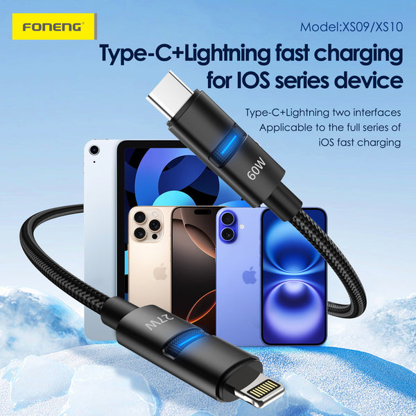 Cable Foneng XS10 60W Trenzado 3 en 1 Tipo-C y Lightning