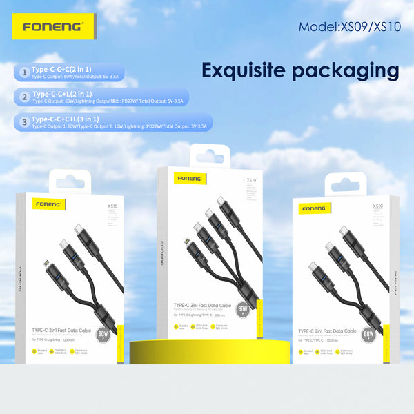 Cable Foneng XS10 60W Trenzado 3 en 1 Tipo-C y Lightning