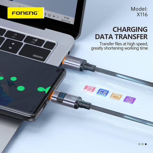Cable Foneng X116 USB-C a USB-C 60W con Pantalla Digital
