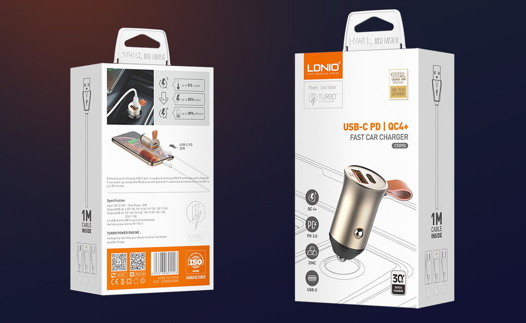 Cargador Carro 30W LDNIO C509Q USB-C PD + USB-A QC4.0