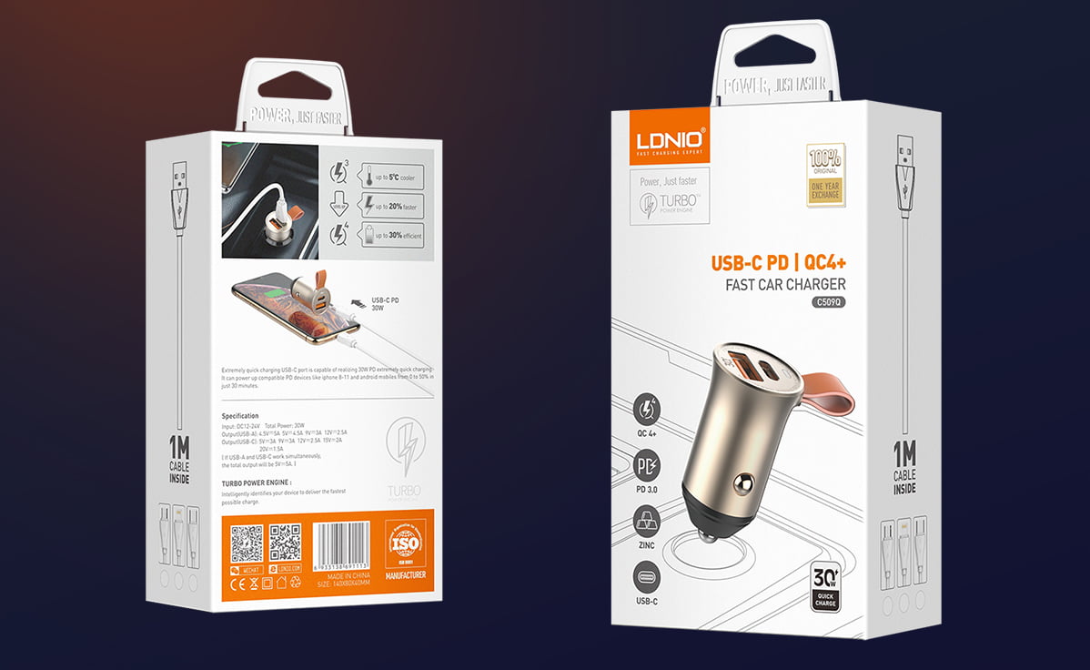 Cargador Carro 30W LDNIO C509Q USB-C PD + USB-A QC4.0