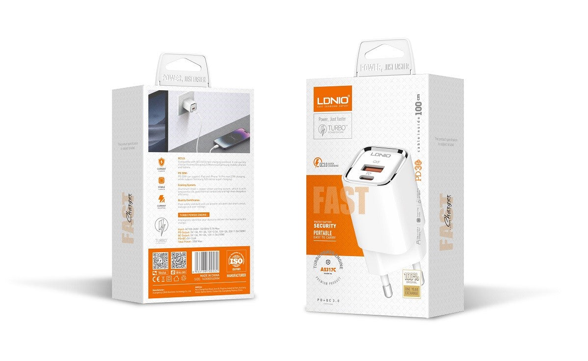 Cargador Rápido 30W LDNIO A2317L USB-C + USB-A