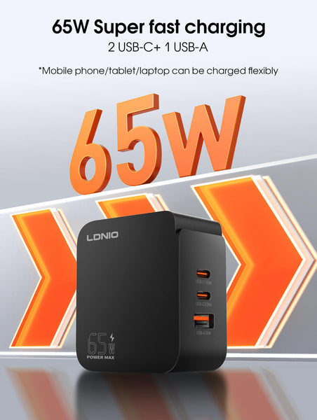 Cargador Rápido LDNIO Q4 65W con 2 USB-C y USB-A